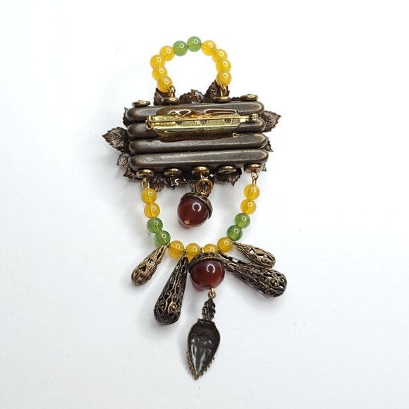 Leaf Acorn Brooch Jelly Belly Beaded Rust Red Yellow Green Handmade Bonze Look - Picture 4 of 4